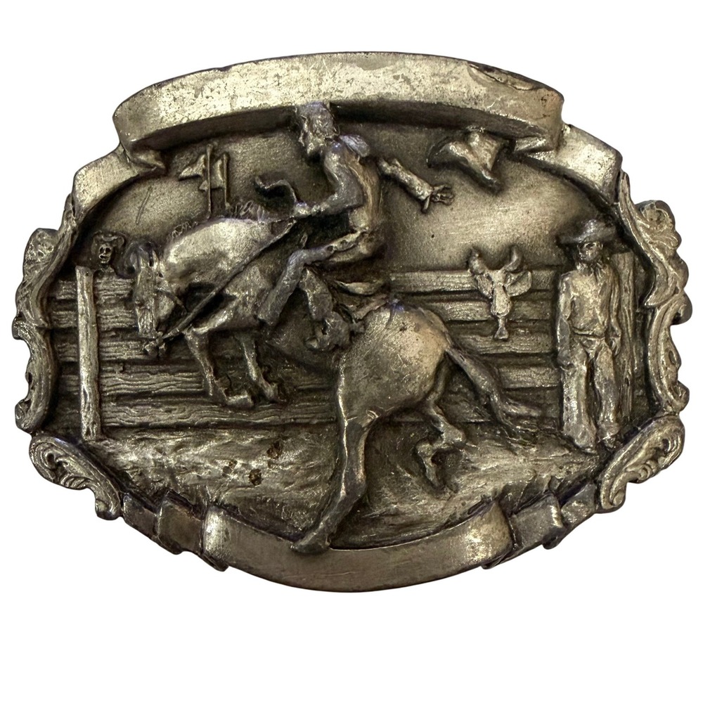 Vintage 1981 Bergamot Brass Works Rodeo Bronc Rider Belt Buckle C-86 Pewter Tone
